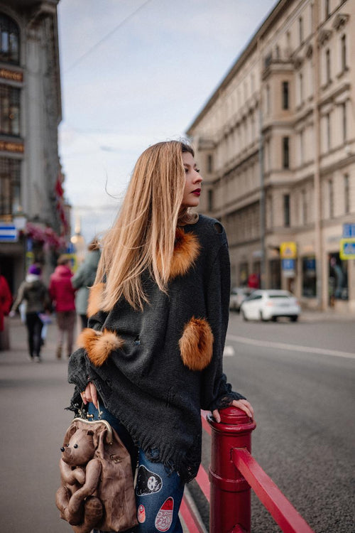 Oversized Wool Cardigan with Fox Fur