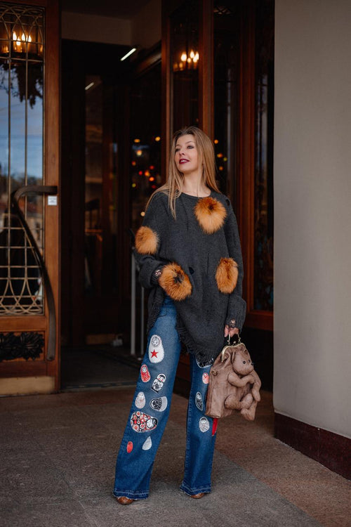 Oversized Wool Cardigan with Fox Fur
