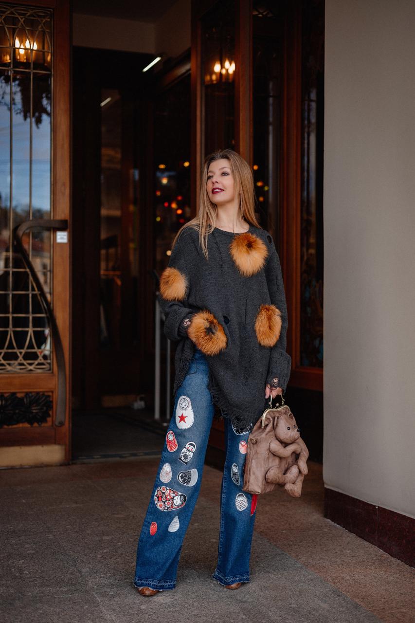 Oversized Wool Cardigan with Fox Fur
