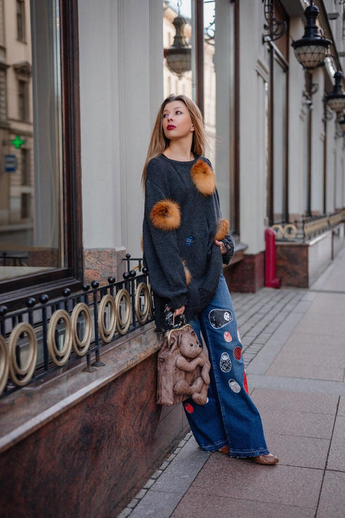 Oversized Wool Cardigan with Fox Fur