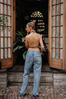 Navy Pleated Cotton Open-Back Top