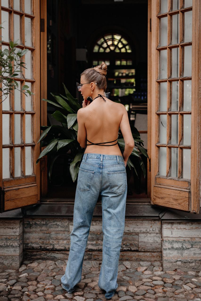 Navy Pleated Cotton Open-Back Top