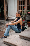 Navy Pleated Cotton Open-Back Top