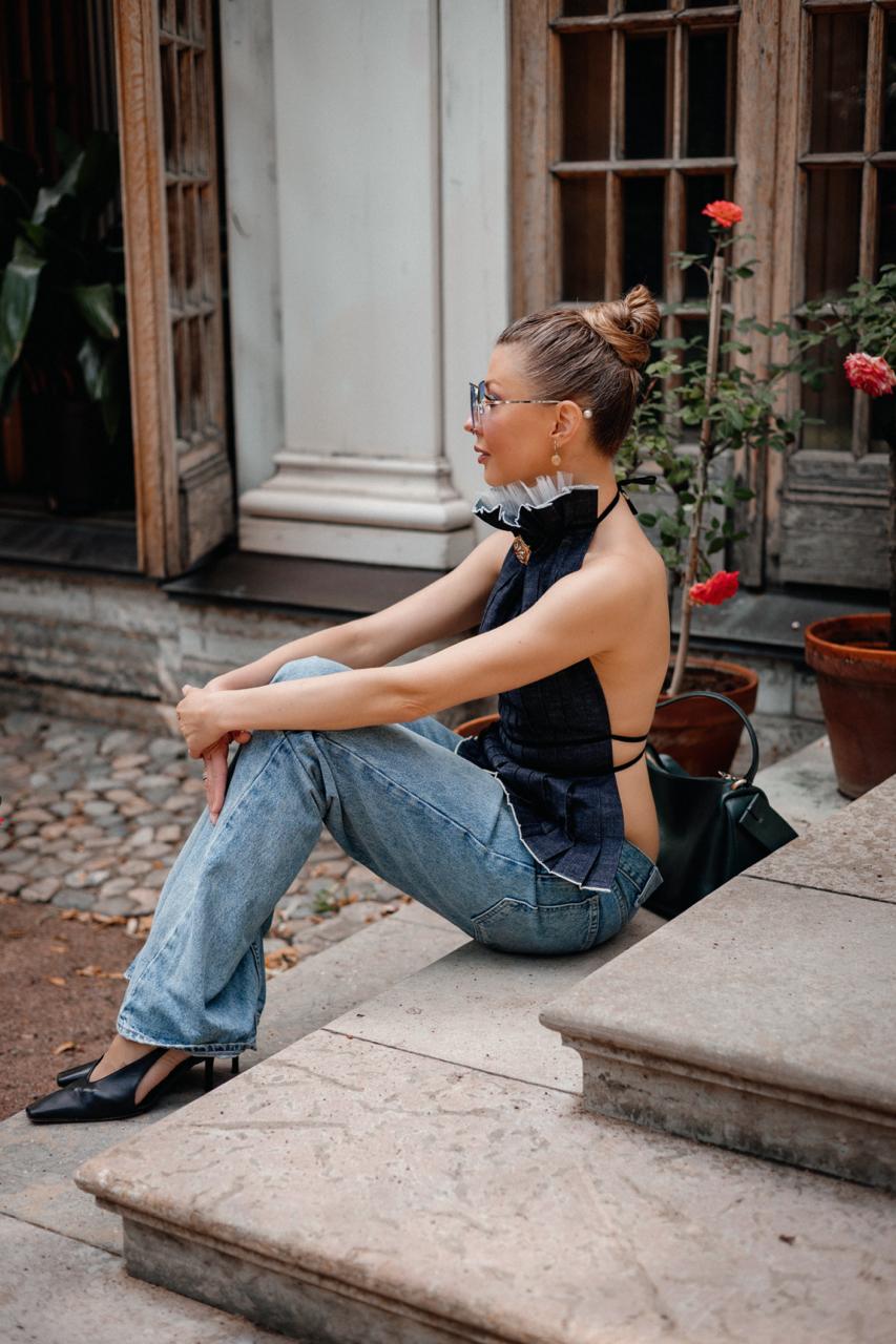 Navy Pleated Cotton Open-Back Top