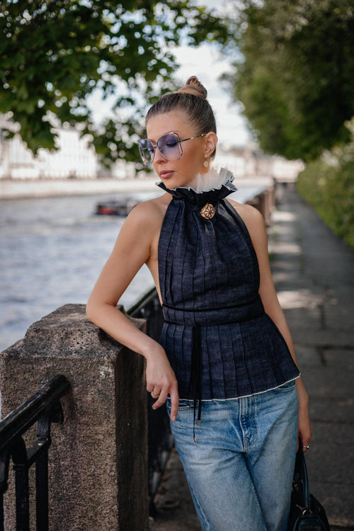 Navy Pleated Cotton Open-Back Top