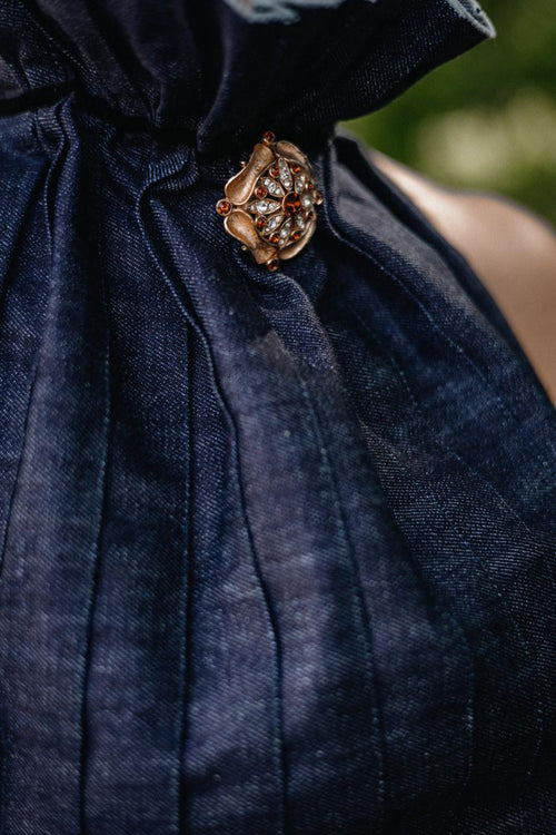 Navy Pleated Cotton Open-Back Top