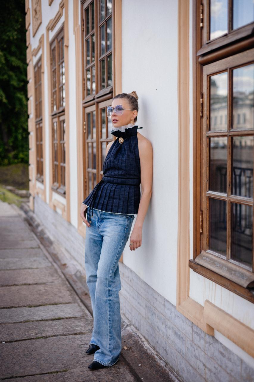 Navy Pleated Cotton Open-Back Top