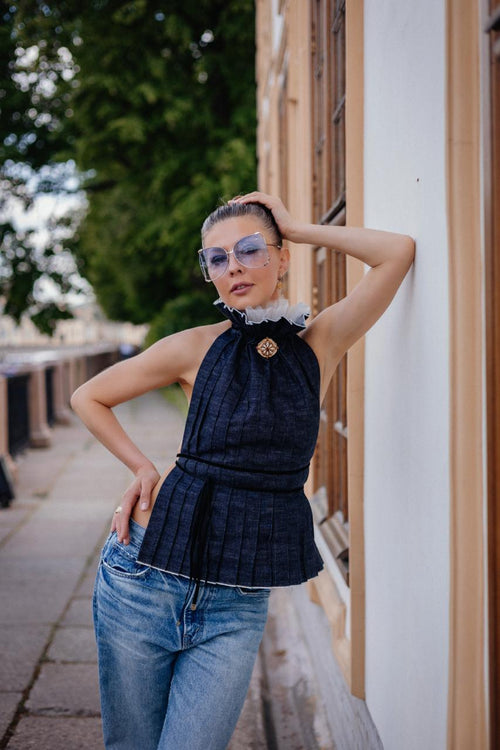 Navy Pleated Cotton Open-Back Top