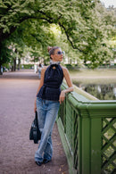 Navy Pleated Cotton Open-Back Top
