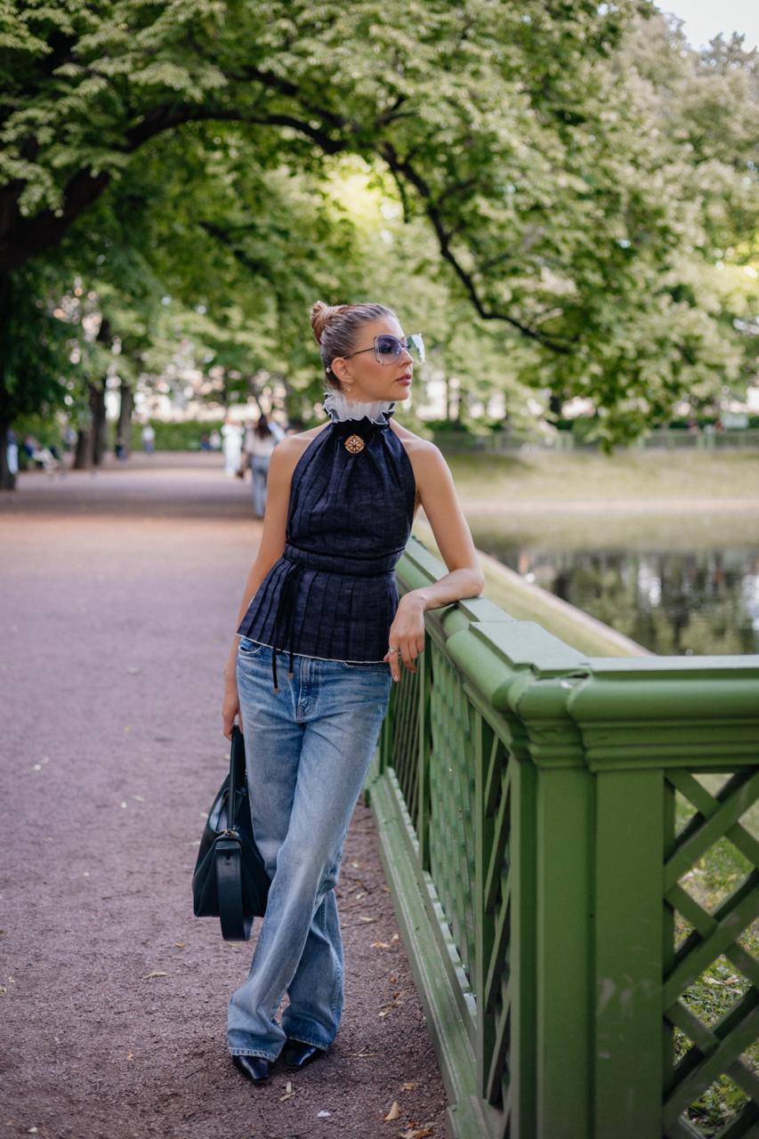 Navy Pleated Cotton Open-Back Top