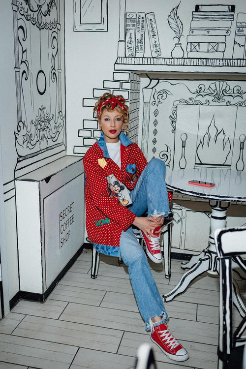 Red Polka Dot Jacket with Denim Details