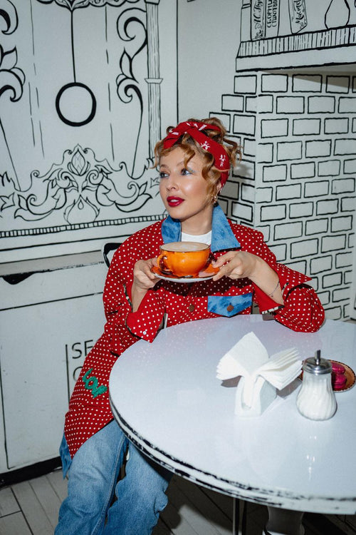 Red Polka Dot Jacket with Denim Details