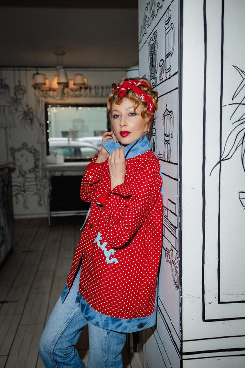 Red Polka Dot Jacket with Denim Details