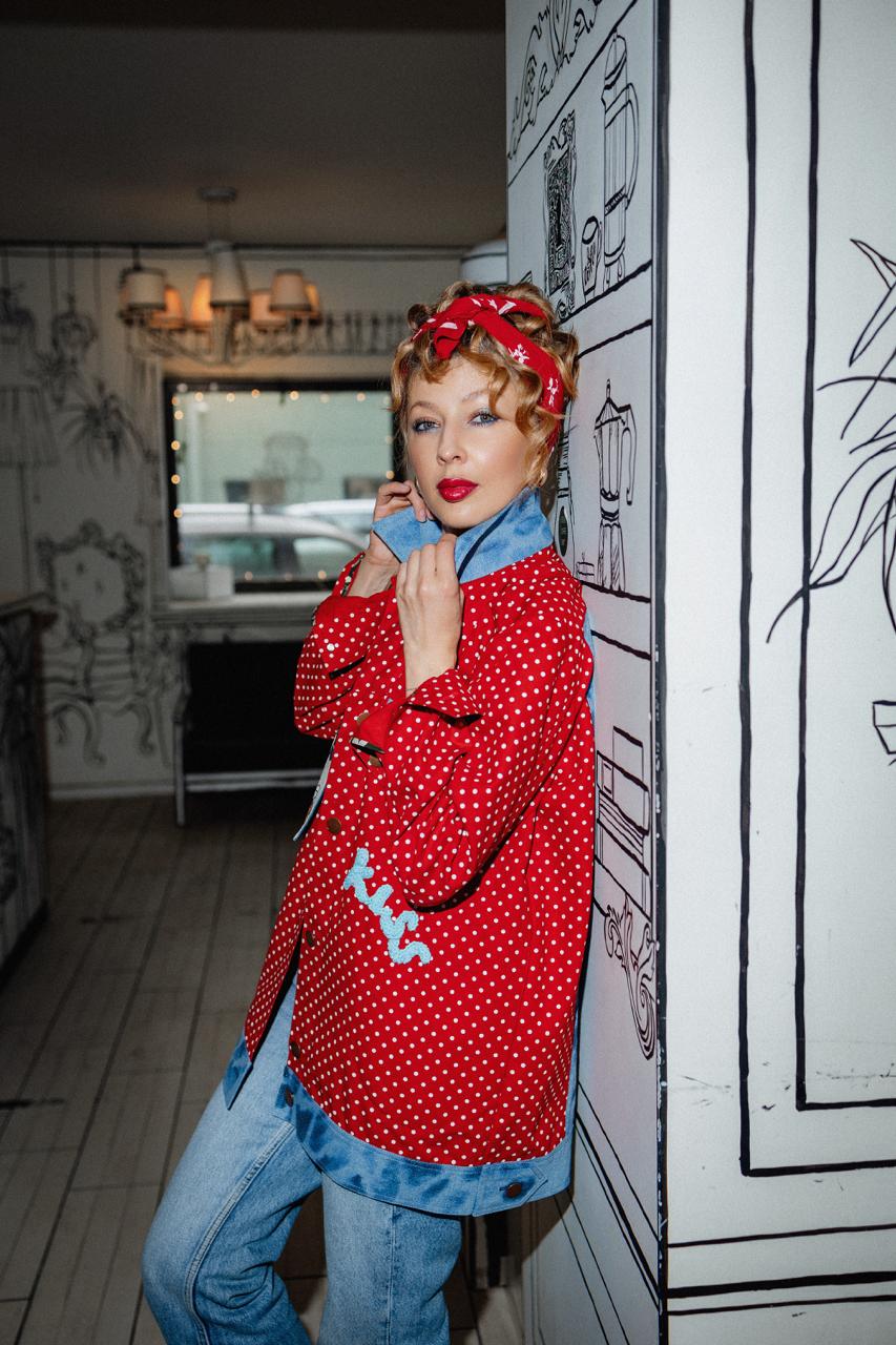 Red Polka Dot Jacket with Denim Details