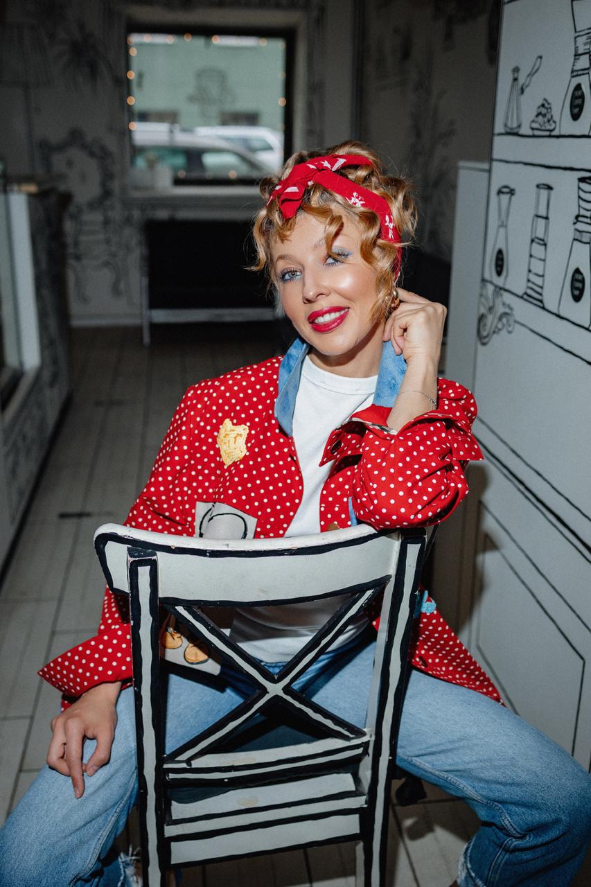 Red Polka Dot Jacket with Denim Details