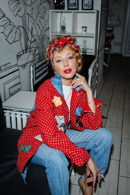 Red Polka Dot Jacket with Denim Details