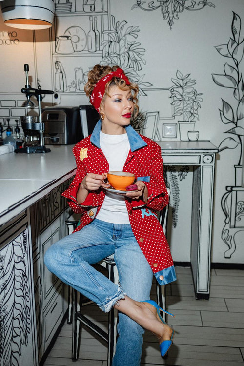 Red Polka Dot Jacket with Denim Details