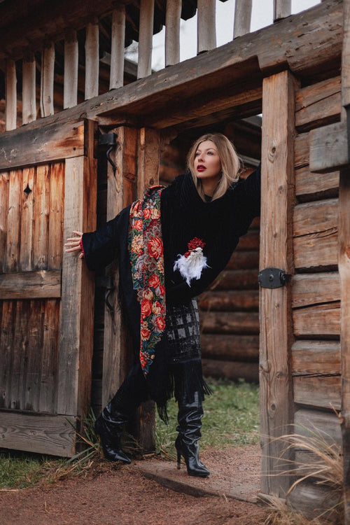 Black Velvet Hoodie with Hand Embroidery