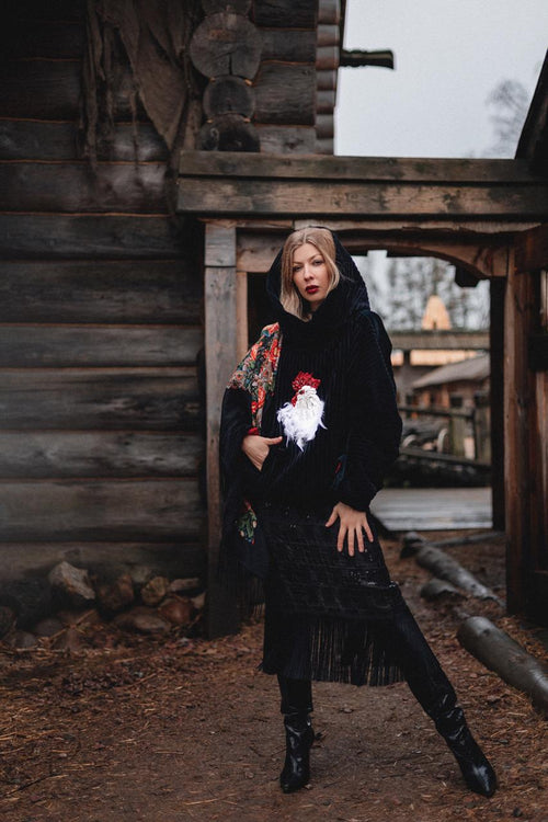 Black Velvet Hoodie with Hand Embroidery