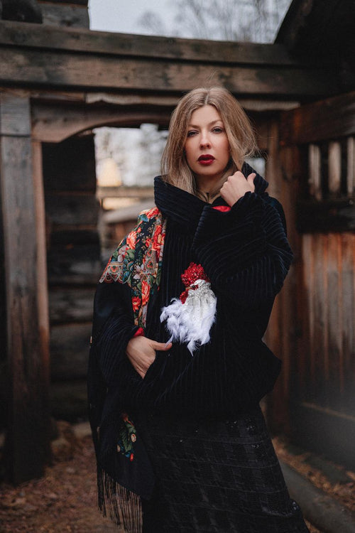 Black Velvet Hoodie with Hand Embroidery