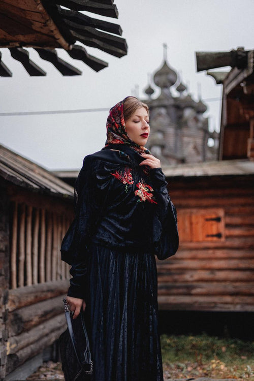 Hand-Embroidered Black Velvet Hoodie