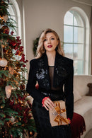 Black Cropped Wool Blazer with Hand Embroidery