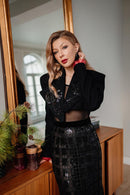 Black Cropped Wool Blazer with Hand Embroidery