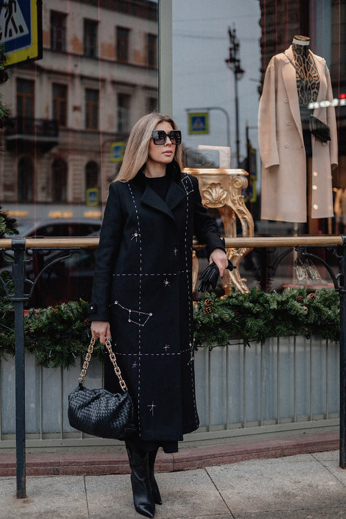 Hand-Embroidered Long Wool Coat