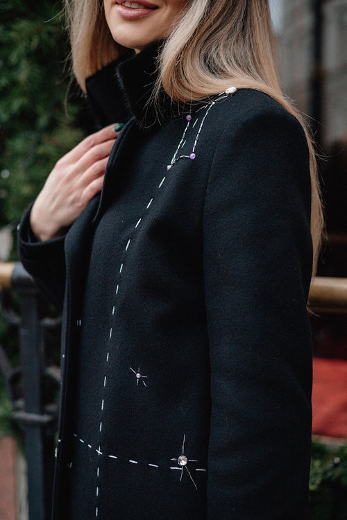 Hand-Embroidered Long Wool Coat