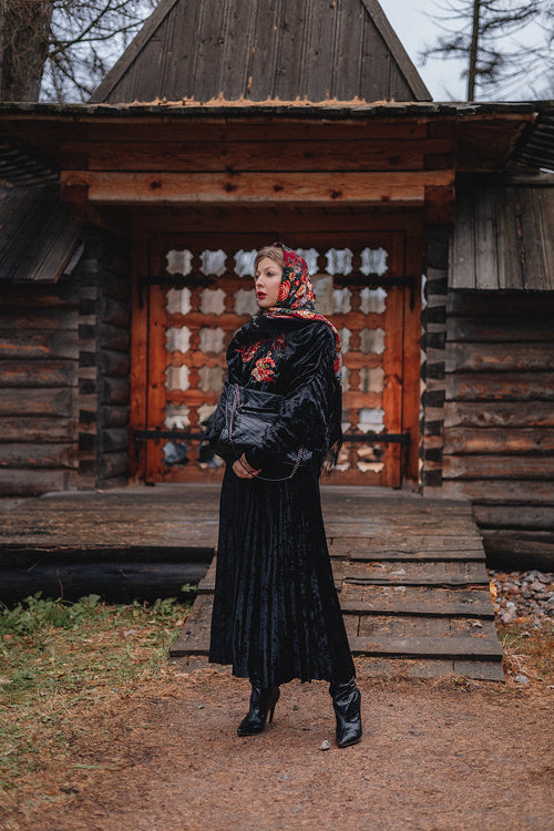 Black Velvet-Effect Sweatshirt and Draped Skirt Set