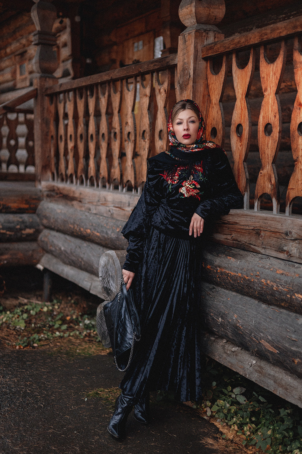Black Velvet-Effect Sweatshirt and Draped Skirt Set