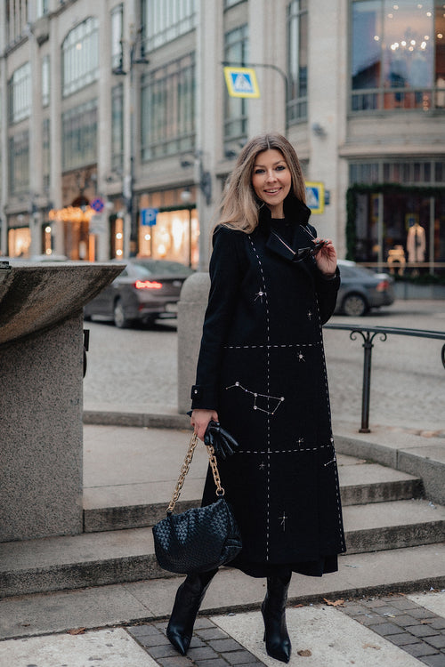 Hand-Embroidered Long Wool Coat