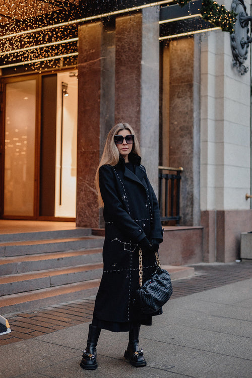 Hand-Embroidered Long Wool Coat