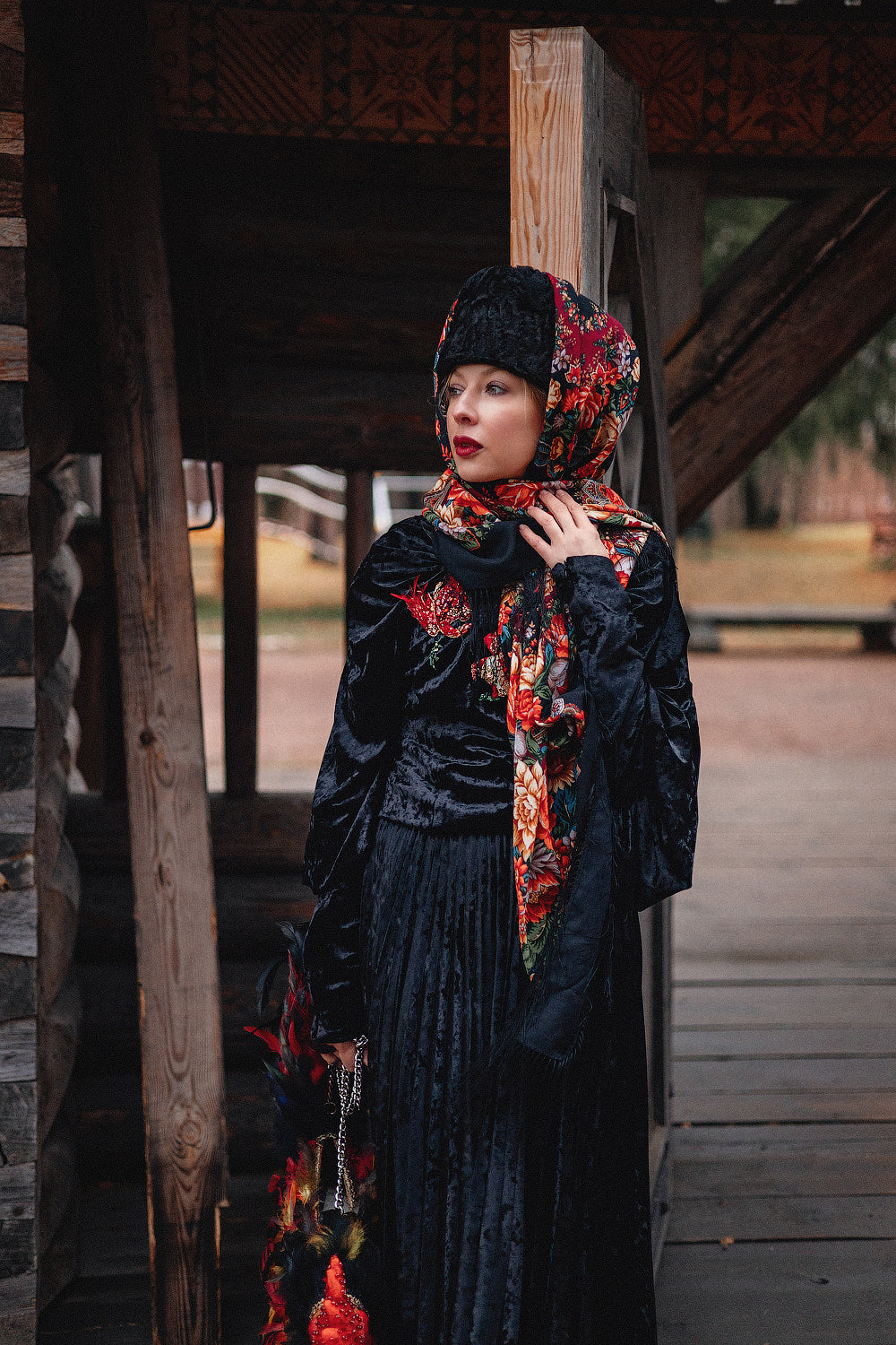Black Velvet-Effect Sweatshirt and Draped Skirt Set