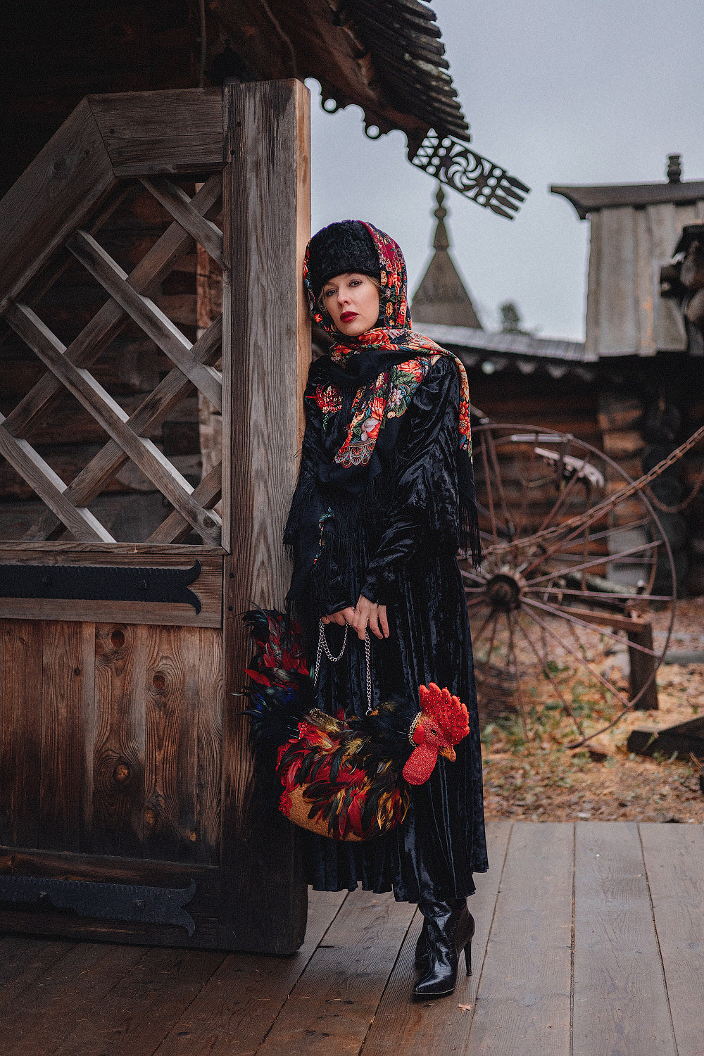 Black Velvet-Effect Sweatshirt and Draped Skirt Set
