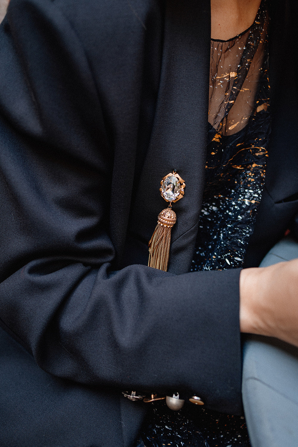 Black Wool Blazer with Gold-Tone Brooch