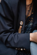 Black Wool Blazer with Gold-Tone Brooch