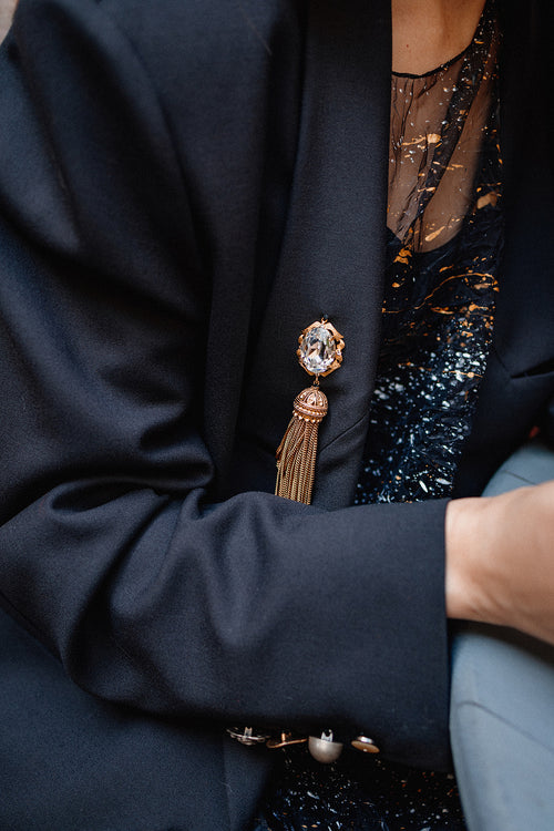 Black Wool Blazer with Gold-Tone Brooch