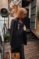 Black Wool Blazer with Gold-Tone Brooch