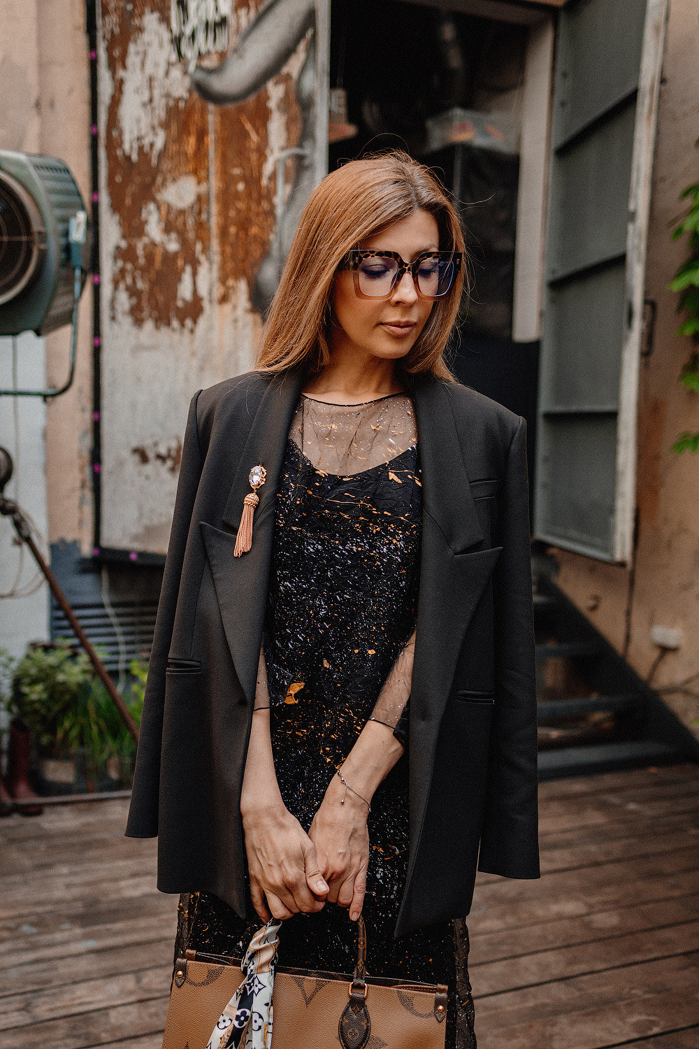 Black Wool Blazer with Gold-Tone Brooch