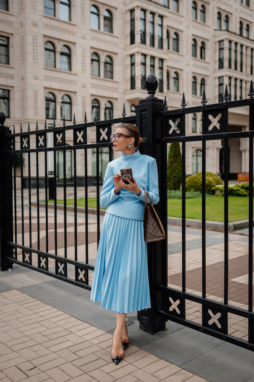 Light Blue Pleated Skirt and Top Set