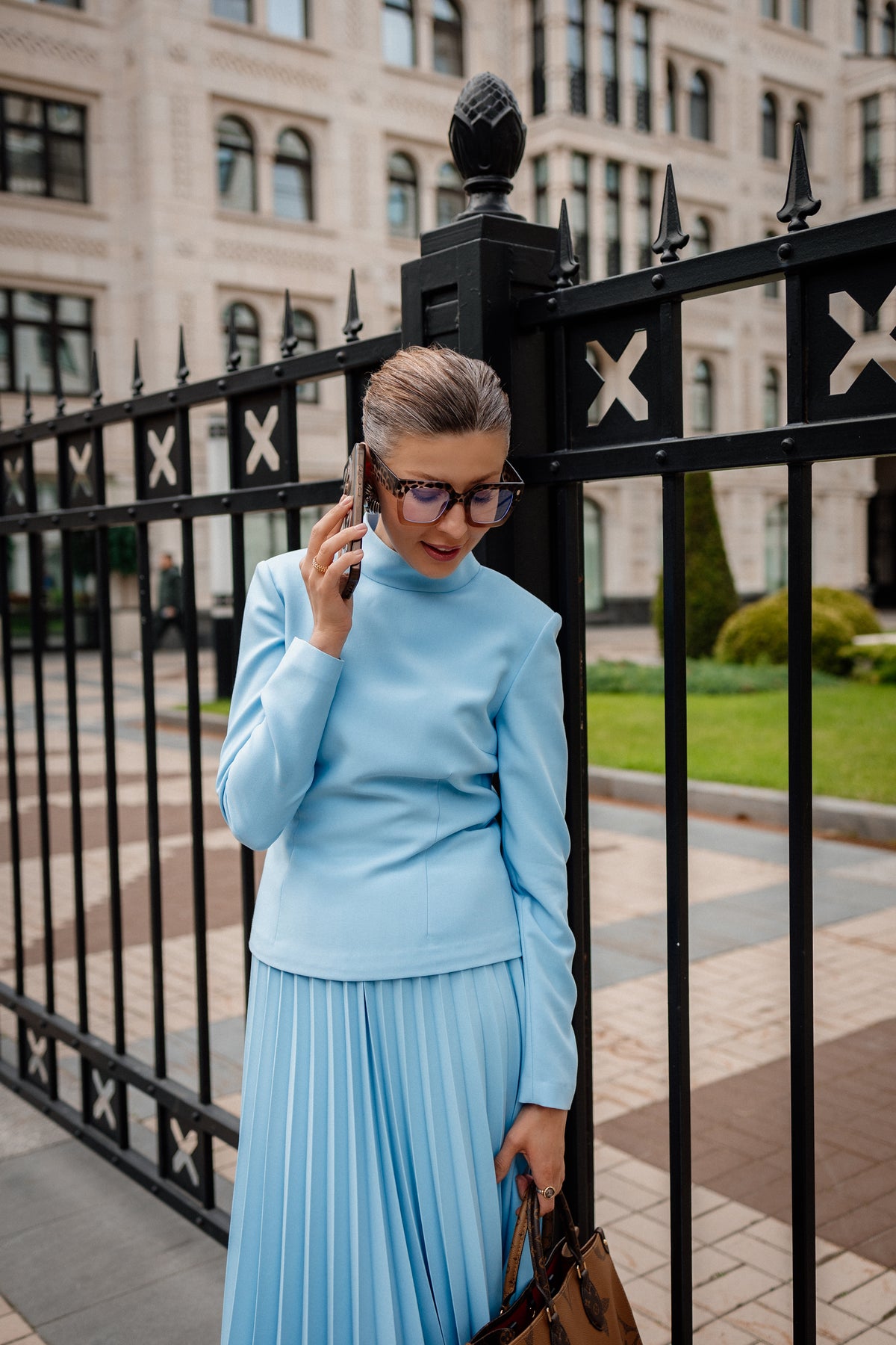 Light Blue Pleated Skirt and Top Set