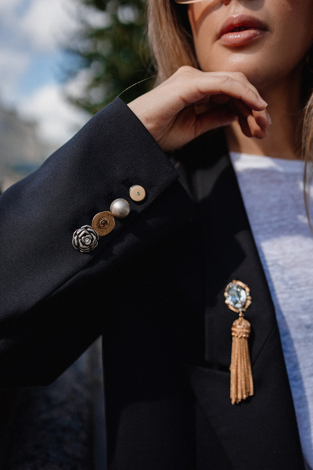 Black Wool Blazer with Gold-Tone Brooch