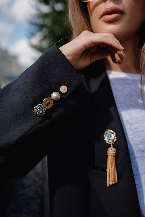 Black Wool Blazer with Gold-Tone Brooch
