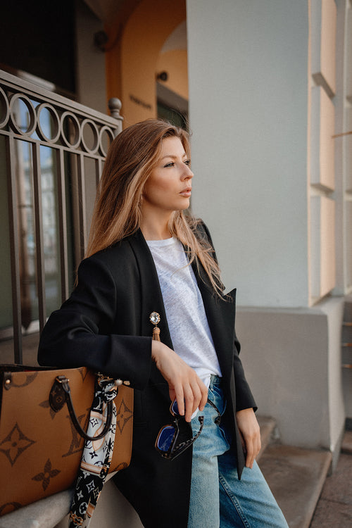 Black Wool Blazer with Gold-Tone Brooch