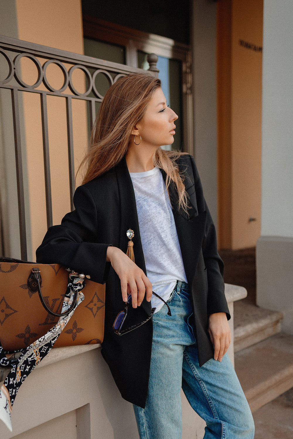 Black Wool Blazer with Gold-Tone Brooch