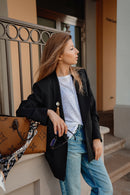 Black Wool Blazer with Gold-Tone Brooch