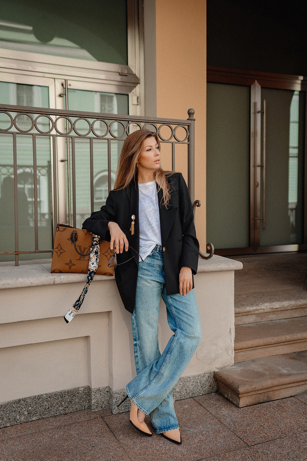 Black Wool Blazer with Gold-Tone Brooch
