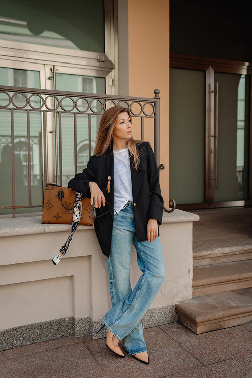 Black Wool Blazer with Gold-Tone Brooch