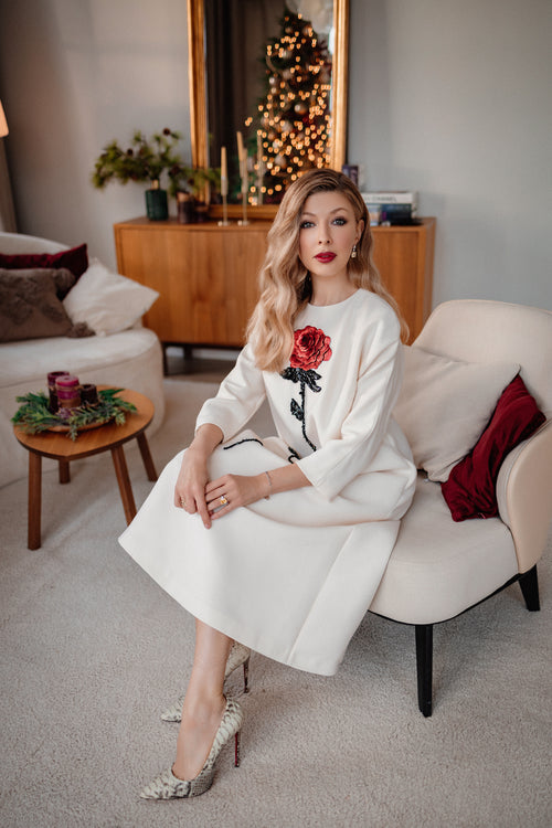 White Wool A-Line Midi Dress with Handcrafted Rose